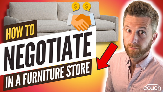 A banner image showing a young man with a surprised expression, wearing a light pink button-down shirt. Large text reads "How to Negotiate in a Furniture Store" with images of a couch, dollar signs, and a handshake. The word "COUCH.com" appears in the bottom right corner.