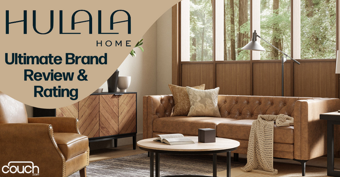 A cozy living room with a brown leather sofa, a wooden cabinet, a round coffee table, and a floor lamp. The room features large windows with views of a forest. Text overlays read "Hulala Home Ultimate Brand Review & Rating" in bold blue letters. The logo "couch" is at the bottom left.