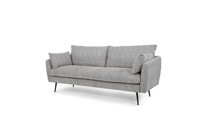 Introducing the Park Sofa in grey fabric, a contemporary piece featuring textured upholstery and sleek black metal legs. It comes with two back cushions and two side pillows, exuding a minimalist design.