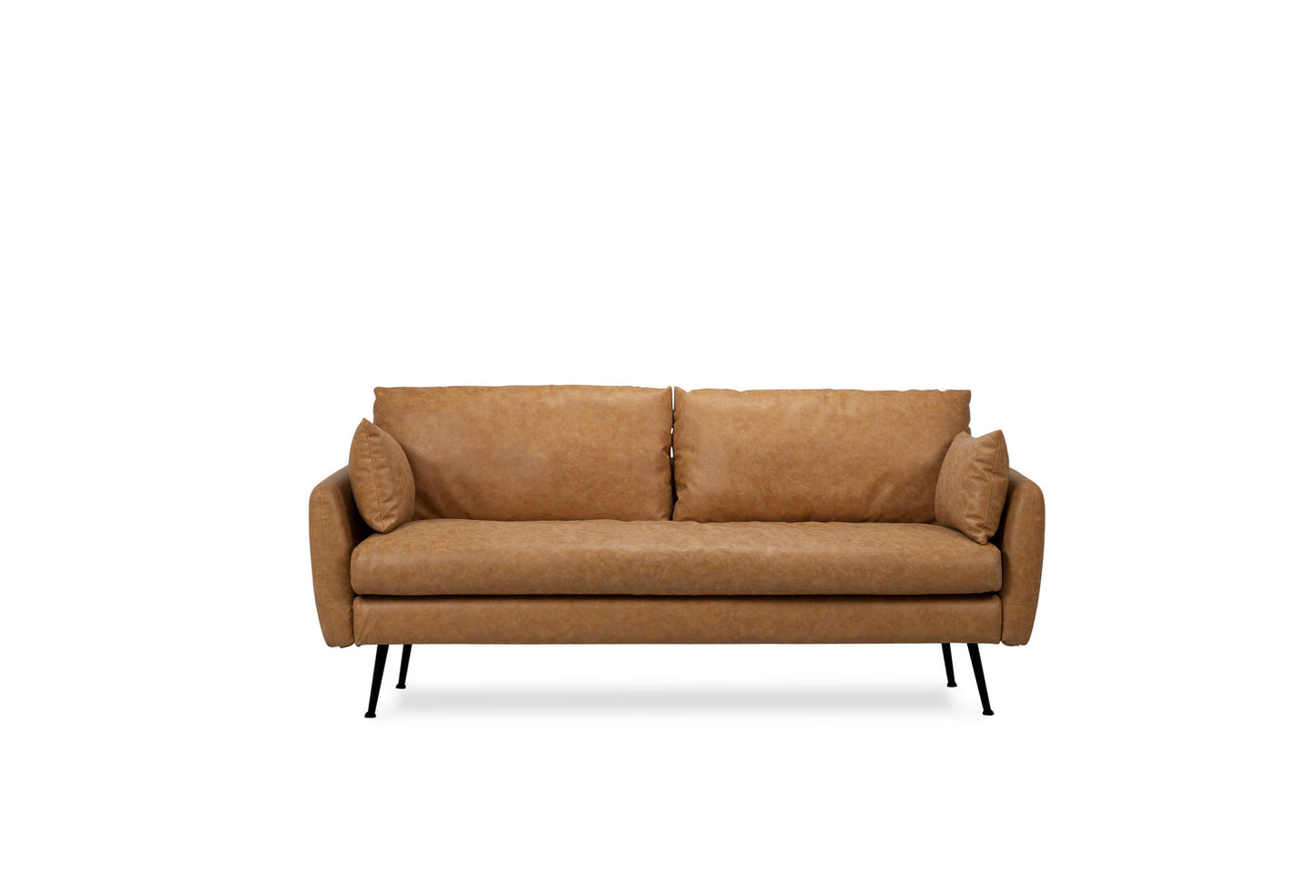 The Park Sofa, made from distressed vegan leather, features a mid-century modern design with a minimalist aesthetic, two cushions, and sleek black metal legs against a white background.