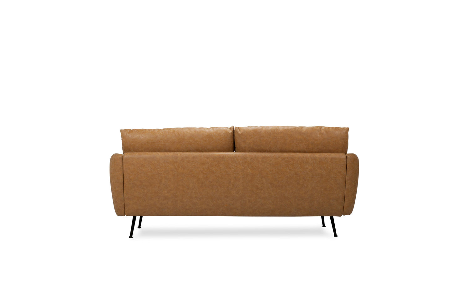 The Park Sofa, crafted from distressed vegan leather in a brown hue, features a sleek, minimalist design. From the back view, it showcases two cushions and rests on black metal legs against a plain white background.