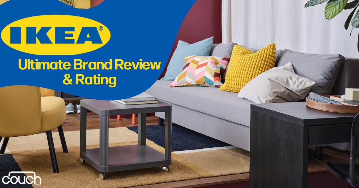 Modern living room setup featuring a gray sofa adorned with colorful cushions, a dark wooden side table, and a matching small coffee table on a checkered rug. The image includes a text overlay with the IKEA logo and the words "Ultimate Brand Review & Rating.