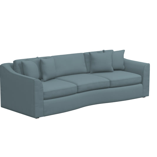 The Pippa Sofa is a sleek, modern piece in a rich teal color, showcasing an elegant curved design. It boasts three large seat cushions, a smooth backrest, and several coordinating square throw pillows, offering both contemporary style and comfort.