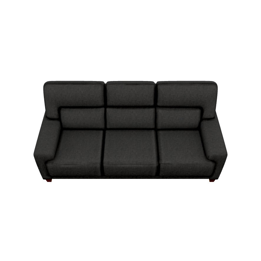 A top view of the Draper Sofa, a modern three-seater with plush backrests and armrests in dark gray, set against a plain white background.