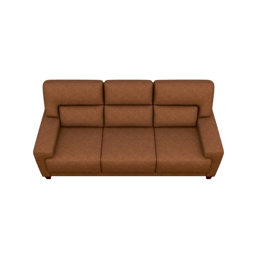 Top view of the Draper Sofa, a brown three-seater with a sleek design and cushioned backrests, placed against a white background.