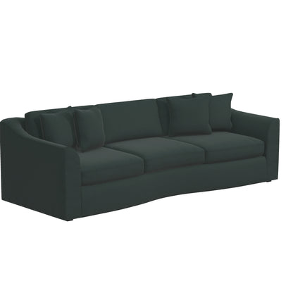 The Pippa Sofa features a sleek, modern design in dark green, accommodating three people comfortably. It boasts smooth, rounded armrests and a cushioned backrest, complete with four matching throw pillows for added elegance.