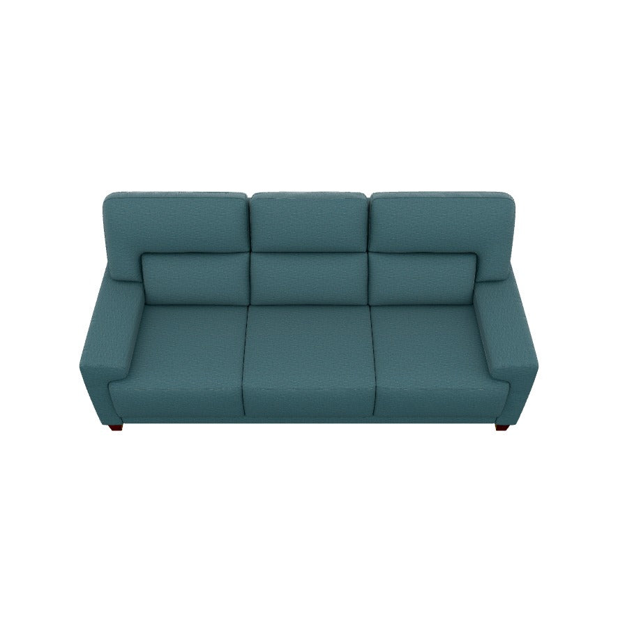 A top-down view of the Draper Sofa, a teal three-seater with a modern design, featuring three distinct backrest cushions and armrests on each side.