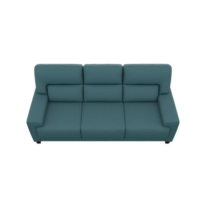 A top-down view of the Draper Sofa, a teal three-seater with a modern design, featuring three distinct backrest cushions and armrests on each side.