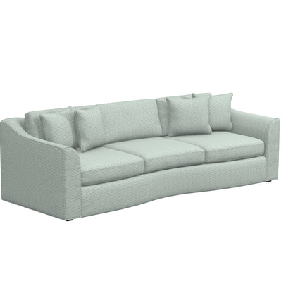 The Pippa Sofa is a light green piece featuring a curved backrest, three seat cushions, and four coordinating throw pillows. It boasts a subtly textured fabric and an elegant design, making it ideal for a modern living room.