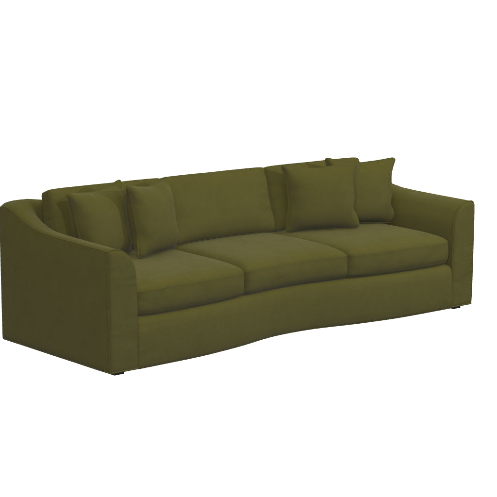 The Pippa Sofa is a stylish, modern piece in olive green featuring a curved design with three comfortable seat cushions. It comes with two accent pillows and slightly raised armrests, beautifully displayed against a plain white background.