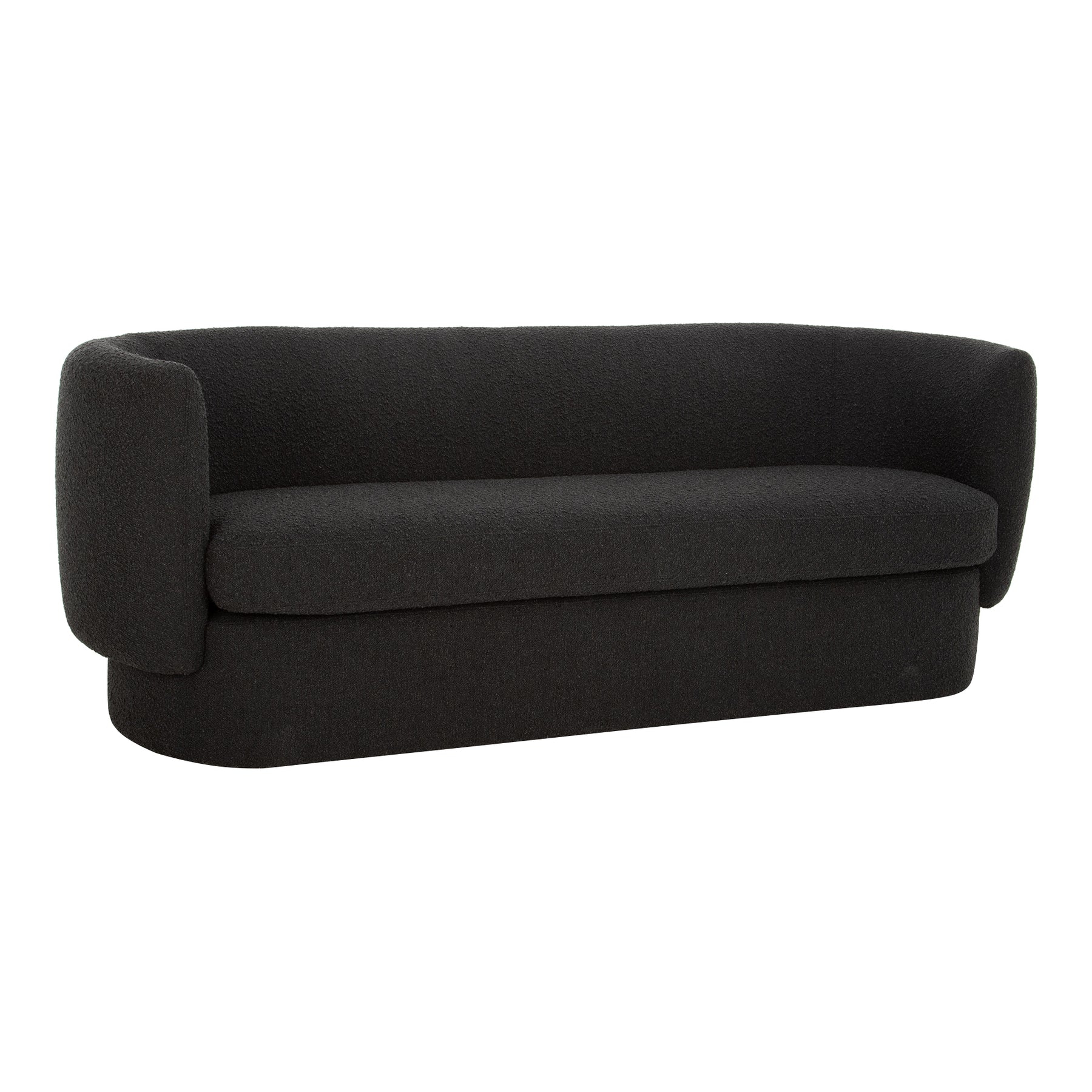 Introducing the Koba Sofa: a contemporary black upholstered piece featuring sleek lines and a minimalist design. It boasts a smooth, rounded back and wide armrests, all supported by a low, sturdy base.