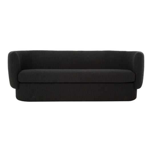 Introducing the Koba Sofa: a stylish and contemporary black sofa that features rounded armrests and a minimalist design. Upholstered in a smooth texture, it stands out beautifully against a plain white background.