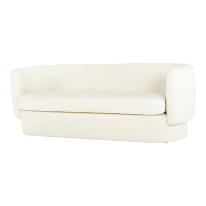 The Koba Sofa is a modern and minimalist piece featuring a white finish, a curved backrest, and smooth, cushioned seating. Its simple and elegant design is perfect for contemporary interiors.