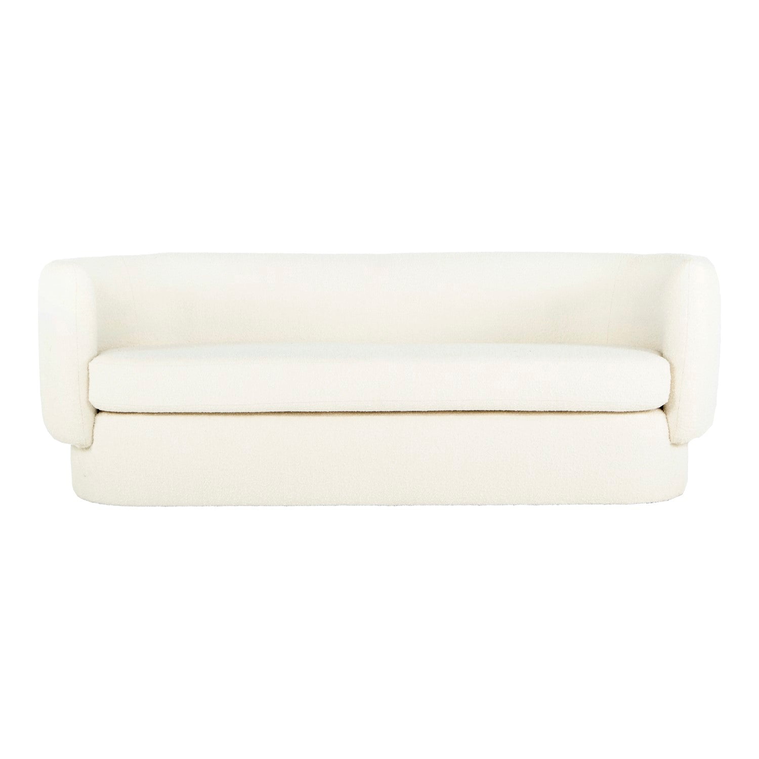 Introducing the Koba Sofa: A simple white sofa boasting curved armrests and a sleek, minimalistic design. This piece offers a smooth, cushioned surface and is placed against a plain white background.