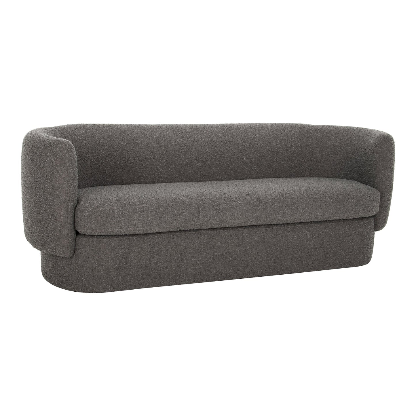 Presenting the Koba Sofa, a chic piece in dark gray upholstery with smooth, rounded edges and a minimalist design. It features a high backrest and seamlessly integrated armrests on both sides, providing a sleek and contemporary appearance.