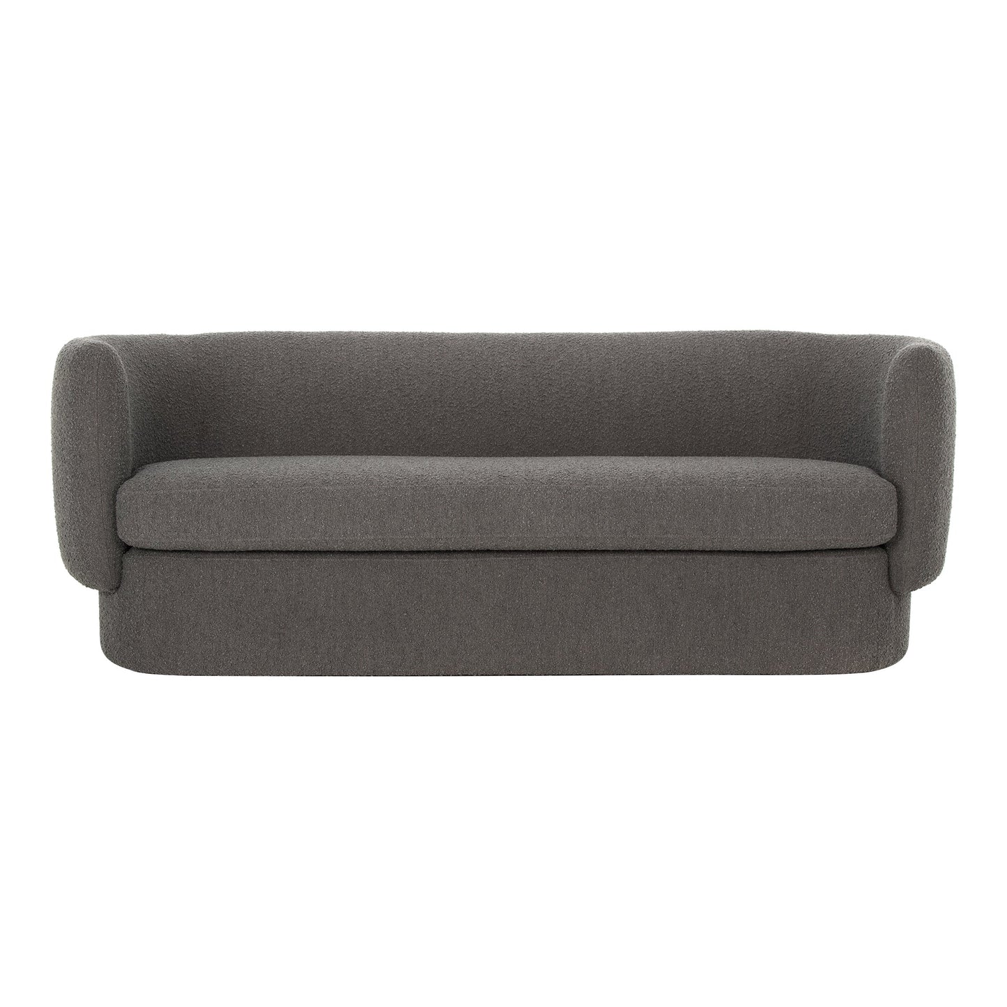 The Koba Sofa, featuring a modern minimalist design with rounded armrests and a sleek gray finish, is set against a plain white background.