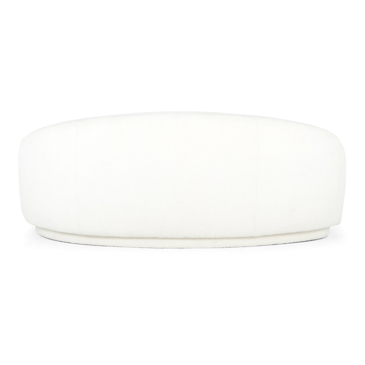 A large, round Excelsior Sofa Cream ottoman features a smooth, cushioned surface. Its minimalistic design makes it suitable for modern interiors, and it stands out against a plain white background.