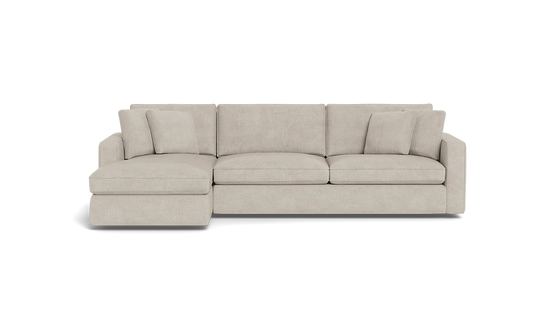 The James 3 Seat Left Chaise 92" Sectional boasts a modern, light beige color and an L-shaped design against a black background. It includes three seat cushions, back cushions, and two square throw pillows for a sleek and comfortable seating arrangement.