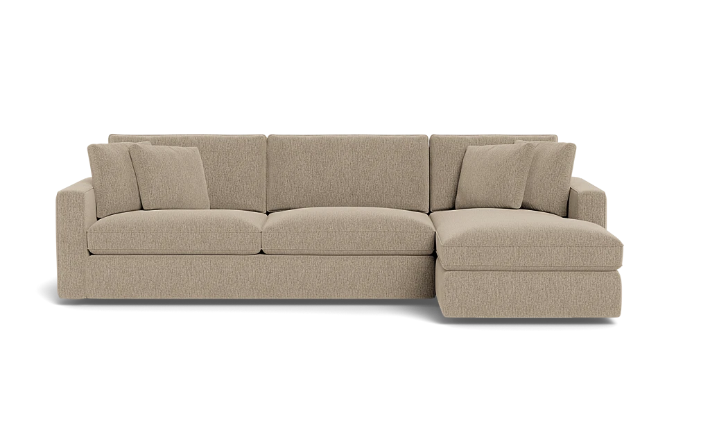 James 3 Seat Left Chaise 92" Sectional on a transparent background, showcasing three cushions and an extended left chaise. The sectional boasts a minimalist and modern design, with cushions that enhance comfort.