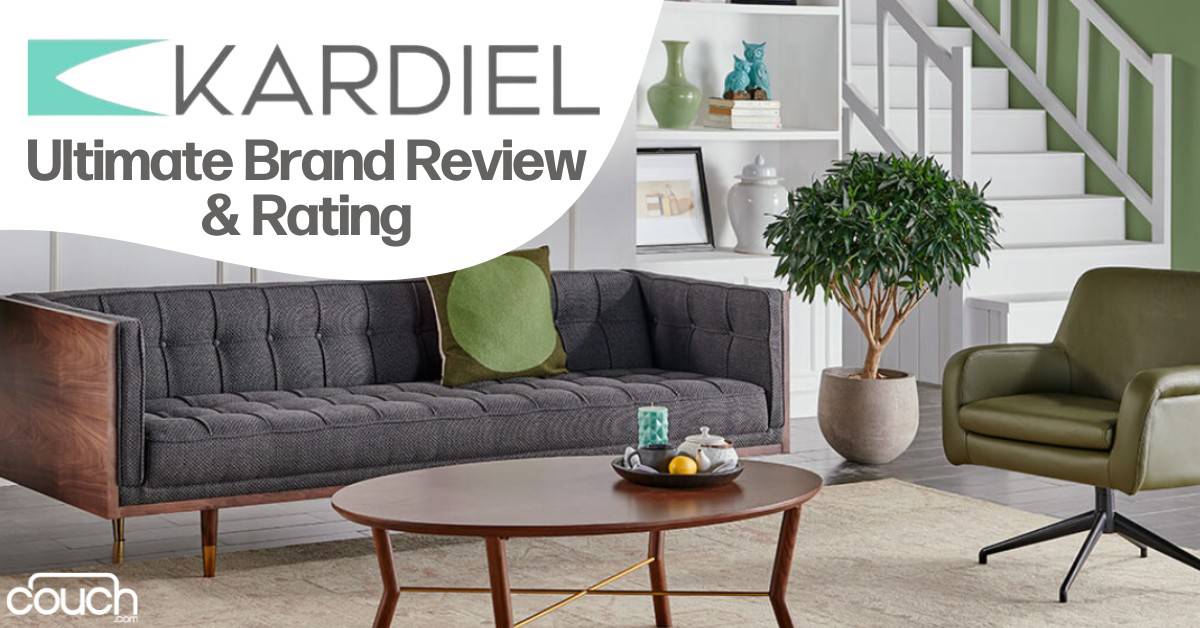 Modern living room with a gray upholstered sofa, green accent chair, and round wooden coffee table. A potted plant and decorative items sit near the staircase. Text overlay reads "Kardiel Ultimate Brand Review & Rating" and "Couch.com" logo is visible.