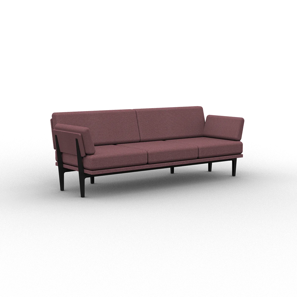 The Sofa 2.0 is a contemporary three-seater sofa adorned with pinkish-brown fabric upholstery and supported by sleek black legs. It boasts clean, straight lines and a minimalist design, all showcased against a simple black background.