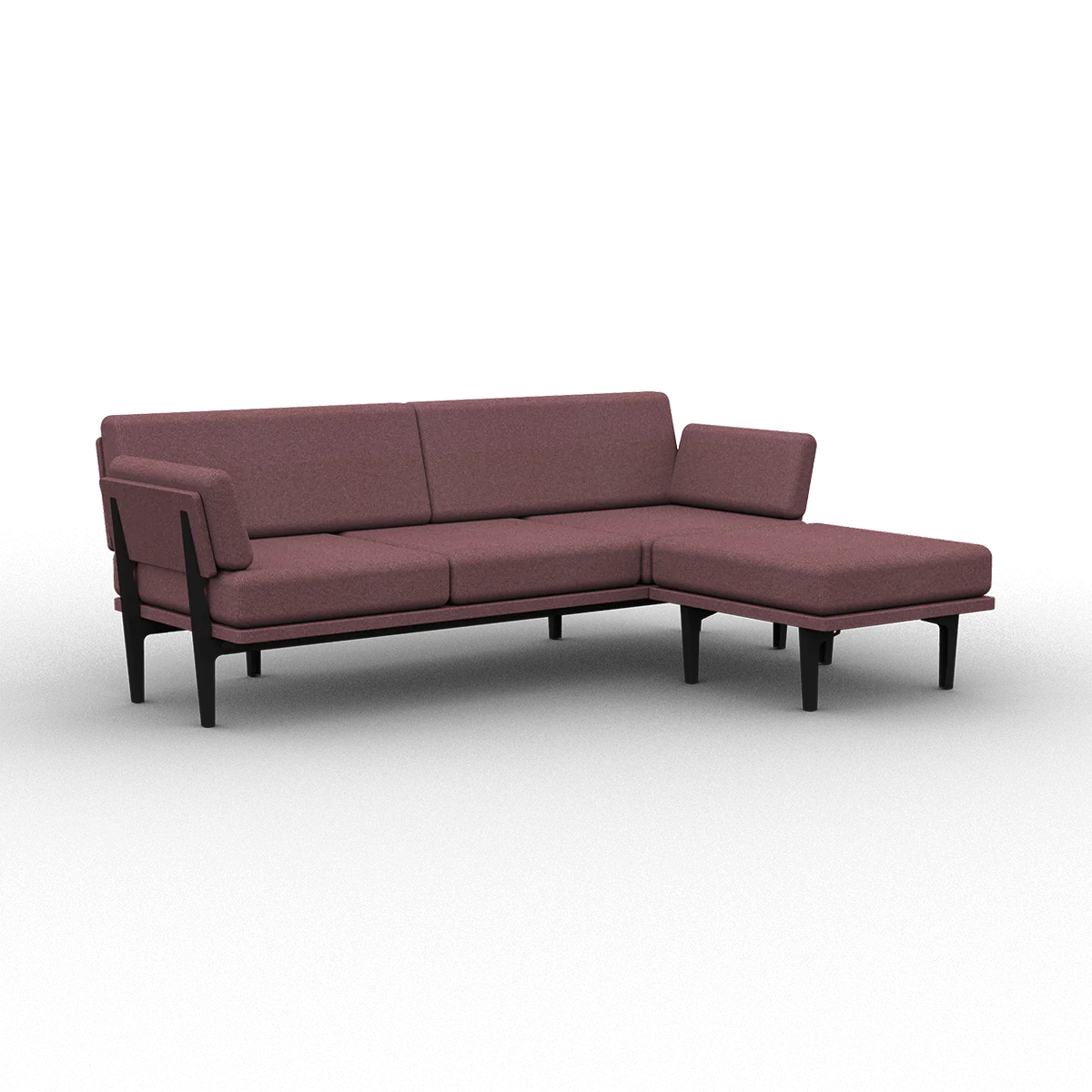 Introducing The Sofa 2.0: a chic L-shaped sectional with elegant muted purple upholstery and sleek black legs. Its clean lines and minimalist design make it perfect for contemporary living spaces.