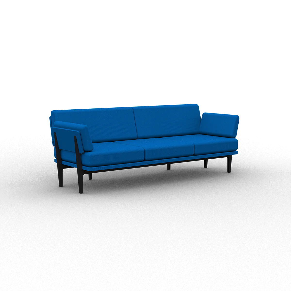 Introducing The Sofa 2.0: a modern blue sofa with black legs, showcasing a minimalist design. It comes with three cushions and a backrest, offering a sleek and contemporary aesthetic against a plain black background.