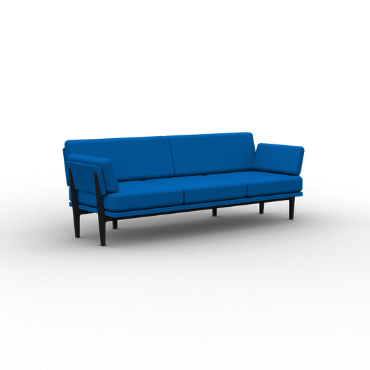 Introducing The Sofa 2.0: a modern blue sofa with black legs, showcasing a minimalist design. It comes with three cushions and a backrest, offering a sleek and contemporary aesthetic against a plain black background.