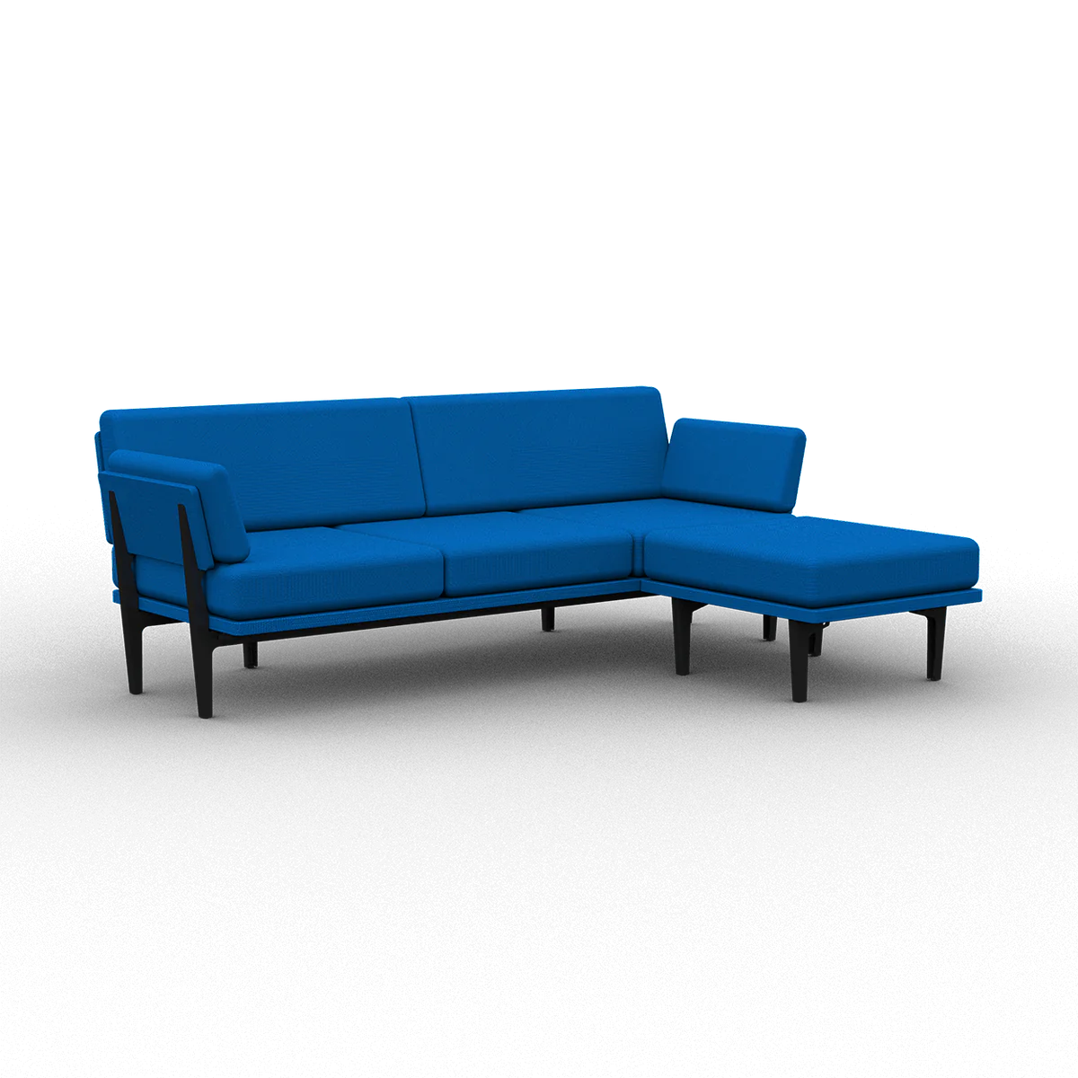 Introducing The Sofa 2.0: a contemporary L-shaped sectional sofa featuring vibrant blue cushions and sleek black wooden legs. Its armless design and minimalist style make it an ideal choice for modern living spaces.