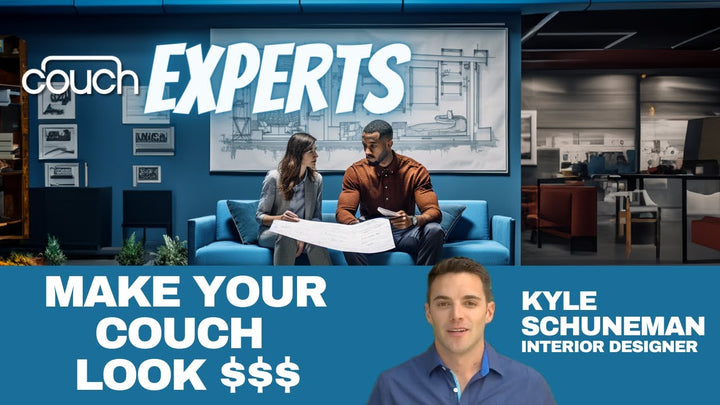 A promotional image for a show called "Couch Experts" featuring a man and a woman discussing plans while sitting on a couch. The text reads "Make your couch look $$$" with a portrait of Kyle Schuneman, labeled as an interior designer, in the bottom right corner.