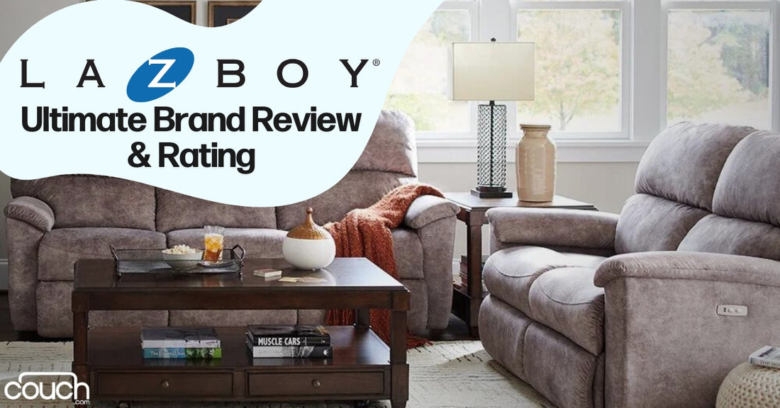 Image of a cozy living room featuring two plush La-Z-Boy recliners and a wooden coffee table. A floor lamp and decorative accessories are present. The text reads, "La-Z-Boy Ultimate Brand Review & Rating.