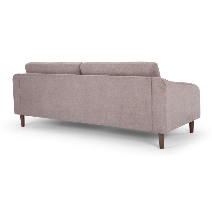 The Lana 85'' Upholstered Sofa is a contemporary piece in light gray fabric, viewed from the back. It features two back cushions and wooden legs, showcasing clean lines and a minimalist aesthetic against a white background.