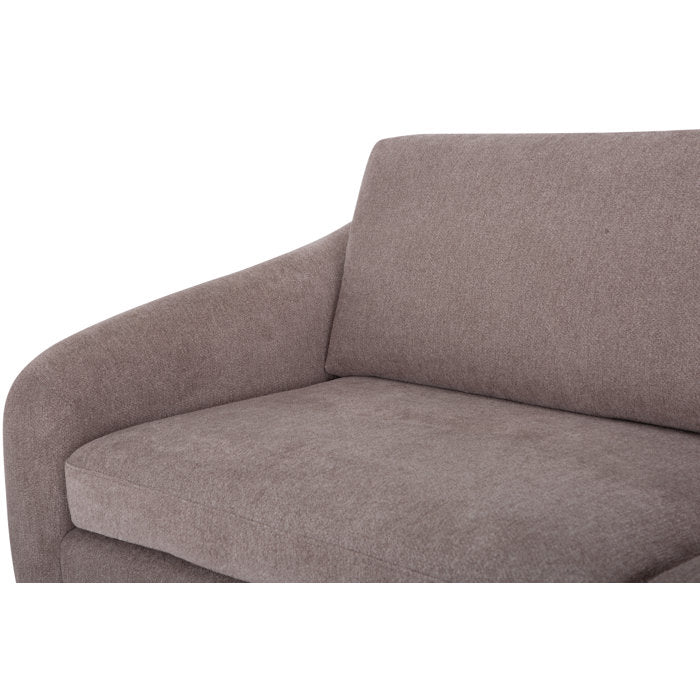 Close-up view of the Lana 85'' Upholstered Sofa, featuring a brown fabric finish with a smooth cushioned seat and a slightly angled backrest. The rounded armrests enhance comfort, and the soft texture offers a cozy seating experience.