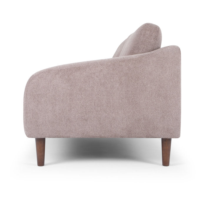 A side view of the Lana 85'' Upholstered Sofa, featuring a taupe color with curved arms and dark wooden legs, set against a plain white background.