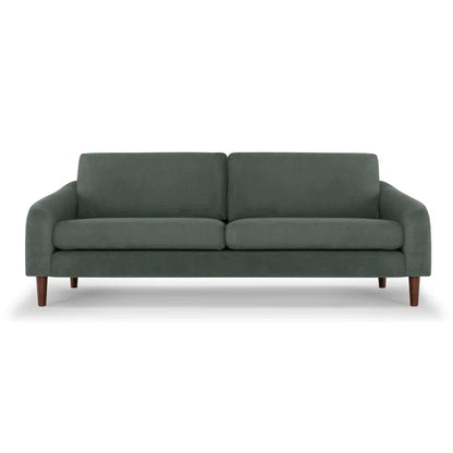 The Lana 85'' Upholstered Sofa is a modern piece in dark green, featuring two cushioned seats and rounded arms, all supported by tapered wooden legs.