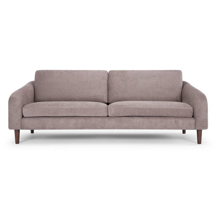 Introducing the Lana 85'' Upholstered Sofa: a contemporary, minimalist sofa in gray fabric. It includes two seat cushions and two back cushions, complemented by rounded armrests and dark wooden legs. This stylish couch is showcased against a plain white background.