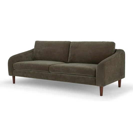 The Lana 85'' Upholstered Sofa is a contemporary piece featuring a dark green color, two cushions, and wooden legs, set against a white background.