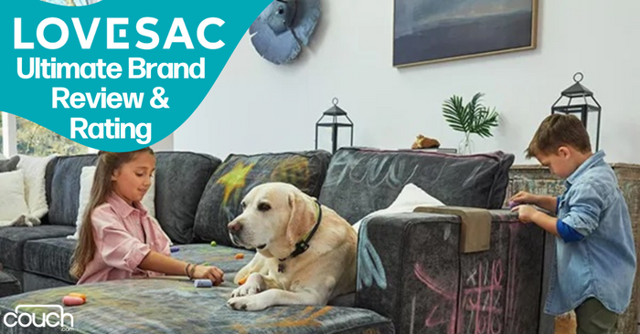 Two children and a Labrador retriever dog are on and around a gray, graffiti-decorated couch. The girl is kneeling on the couch playing with a toy, while the boy stands nearby. The room has modern decor. Text overlay reads: "LOVESAC Ultimate Brand Review & Rating.