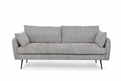 Introducing the Park Sofa in grey fabric, featuring a sleek and minimalist design with two seat cushions, two back cushions, and slender black metal legs. It's perfectly suited for contemporary interiors.