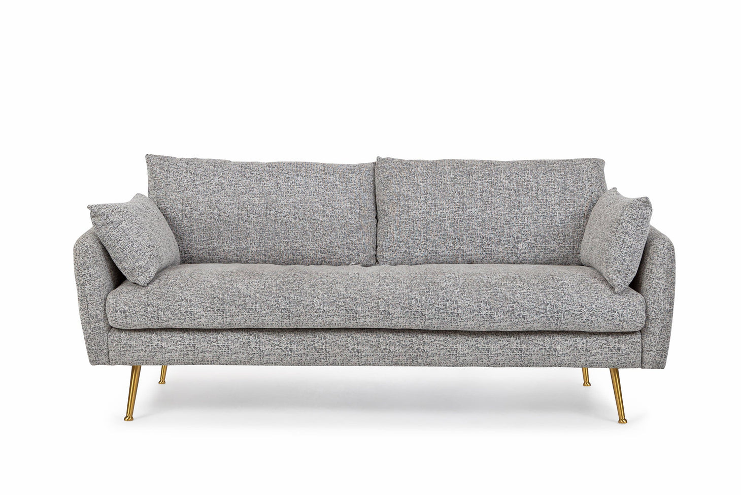 The Park Sofa in gray fabric features a contemporary design with clean lines and textured upholstery, resting on sleek gold legs. It includes two seat cushions, two back cushions, and two side pillows for a chic and comfortable seating experience.