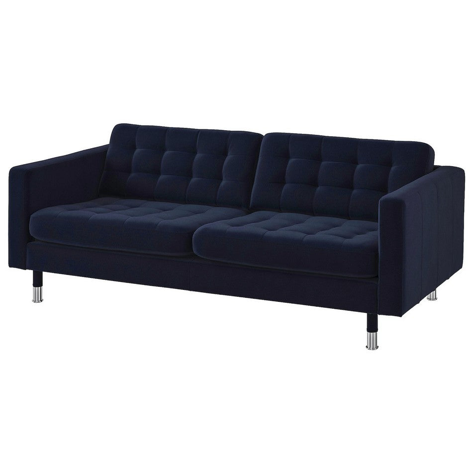 The MORABO Sofa is a modern piece in dark blue, featuring a tufted back and seat cushions with sleek metal legs, embodying a minimalist design.