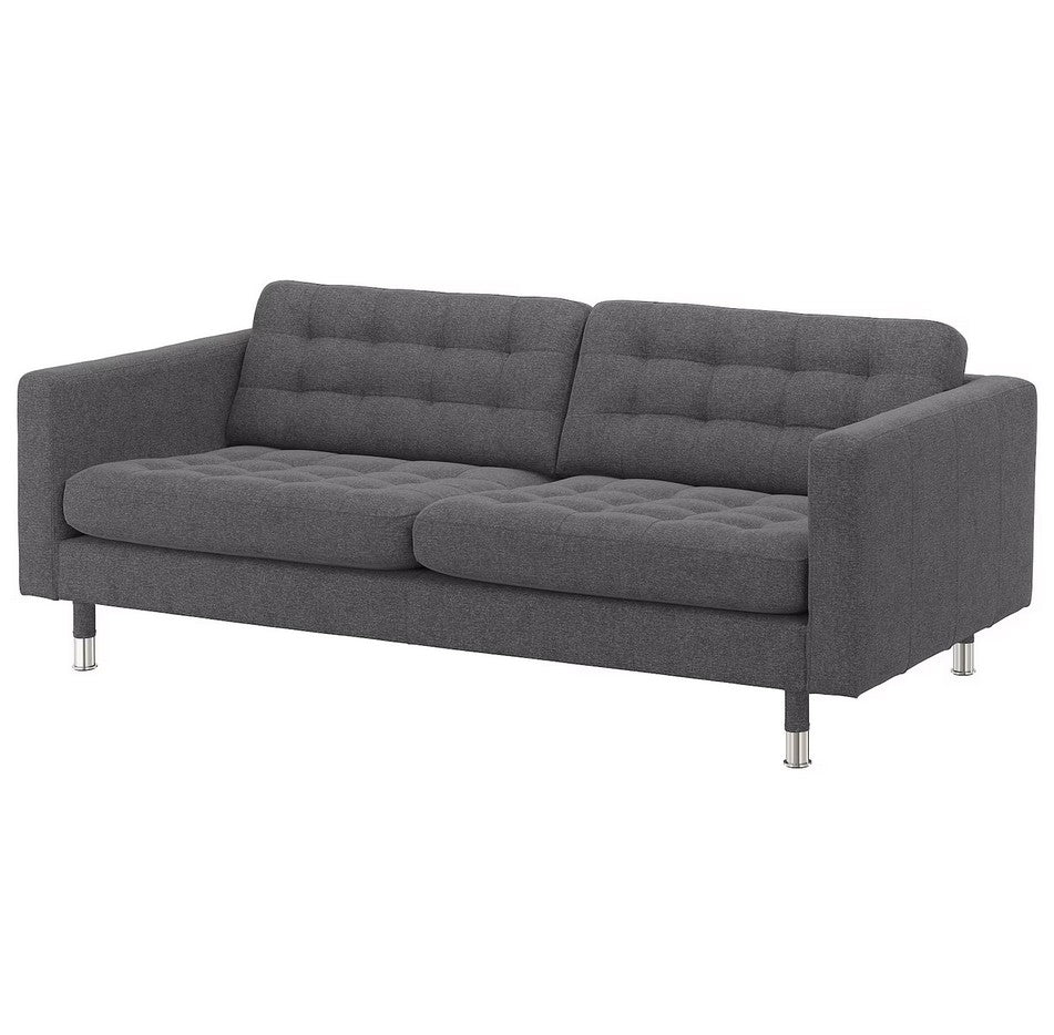 Introducing the MORABO Sofa, a contemporary two-seater in gray with a tufted backrest and cushioned seats. It showcases a minimalist design, straight armrests, and metallic legs for a sleek appearance.