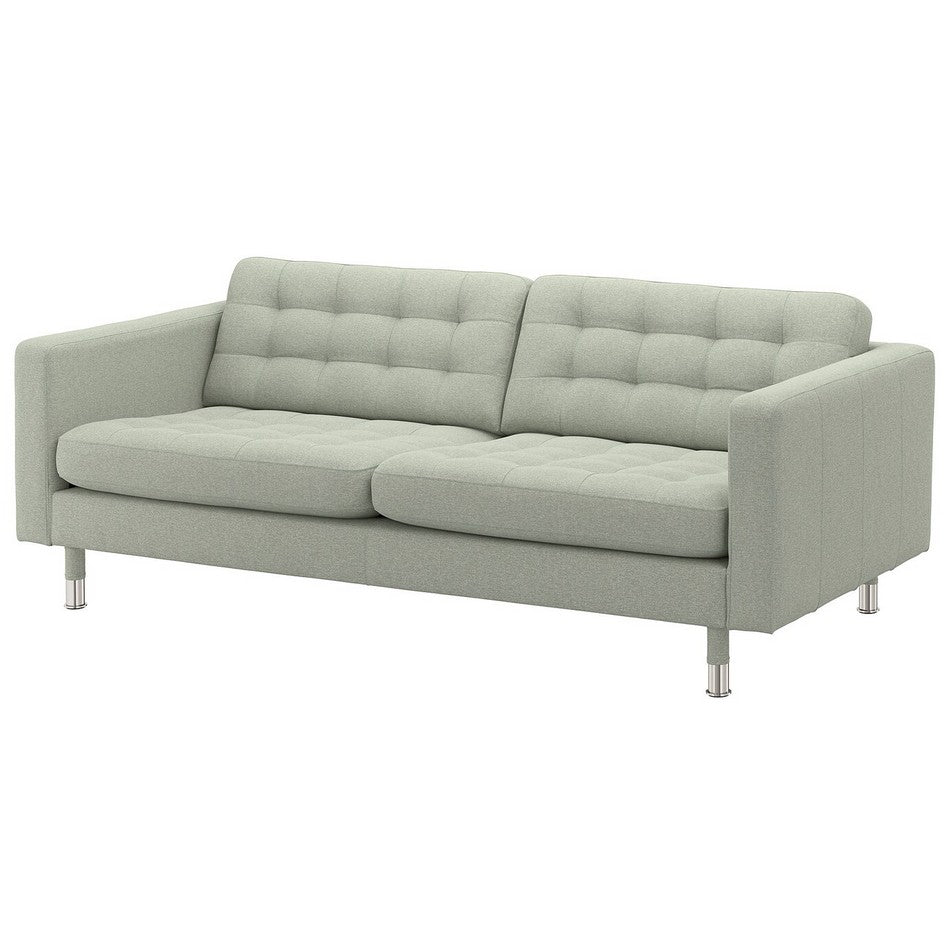 Introducing the MORABO Sofa: a light green sofa boasting a modern design with sleek metal legs and a tufted backrest. Its clean lines and dual seat cushions provide an elegant, contemporary aesthetic.