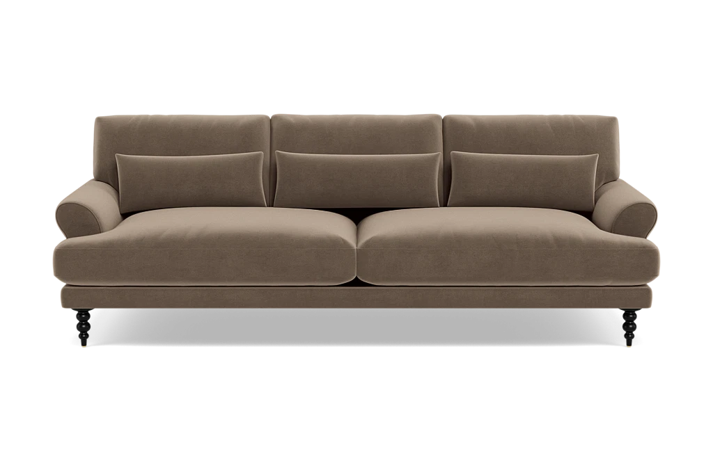 Introducing the Maxwell Custom Sofa: a classic and elegant piece featuring a rich brown color. This sophisticated three-seater sofa is designed with two seat cushions and three back cushions, complemented by rounded armrests. It stands gracefully on black, turned wood legs, adding a touch of timeless charm to any space.