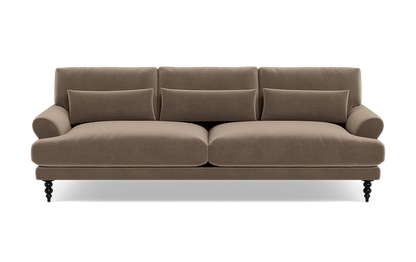 Introducing the Maxwell Custom Sofa: a classic and elegant piece featuring a rich brown color. This sophisticated three-seater sofa is designed with two seat cushions and three back cushions, complemented by rounded armrests. It stands gracefully on black, turned wood legs, adding a touch of timeless charm to any space.