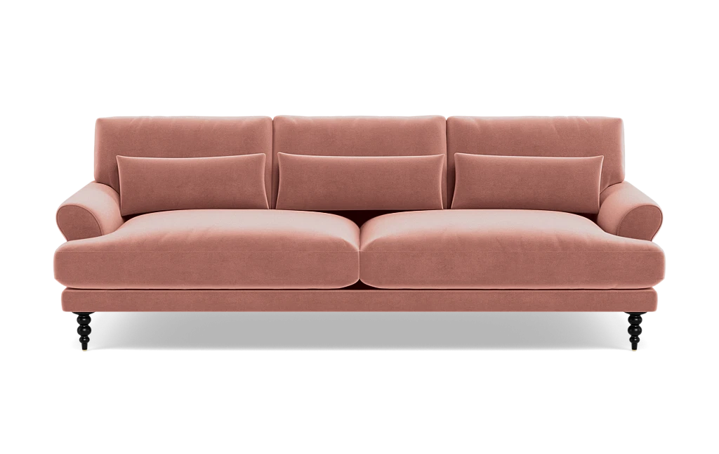 Introducing the Maxwell Custom Sofa: a luxurious, pink seating option featuring three comfortable back cushions and two elegant side armrests. With its modern design and sturdy support from four wooden legs, it offers both style and comfort.