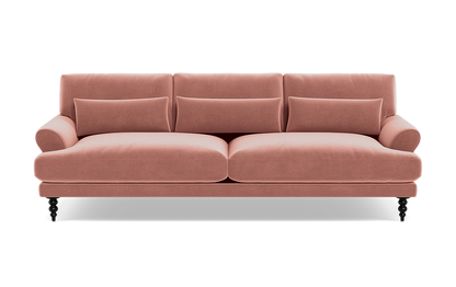 Introducing the Maxwell Custom Sofa: a luxurious, pink seating option featuring three comfortable back cushions and two elegant side armrests. With its modern design and sturdy support from four wooden legs, it offers both style and comfort.