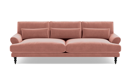 Introducing the Maxwell Custom Sofa: a luxurious, pink seating option featuring three comfortable back cushions and two elegant side armrests. With its modern design and sturdy support from four wooden legs, it offers both style and comfort.