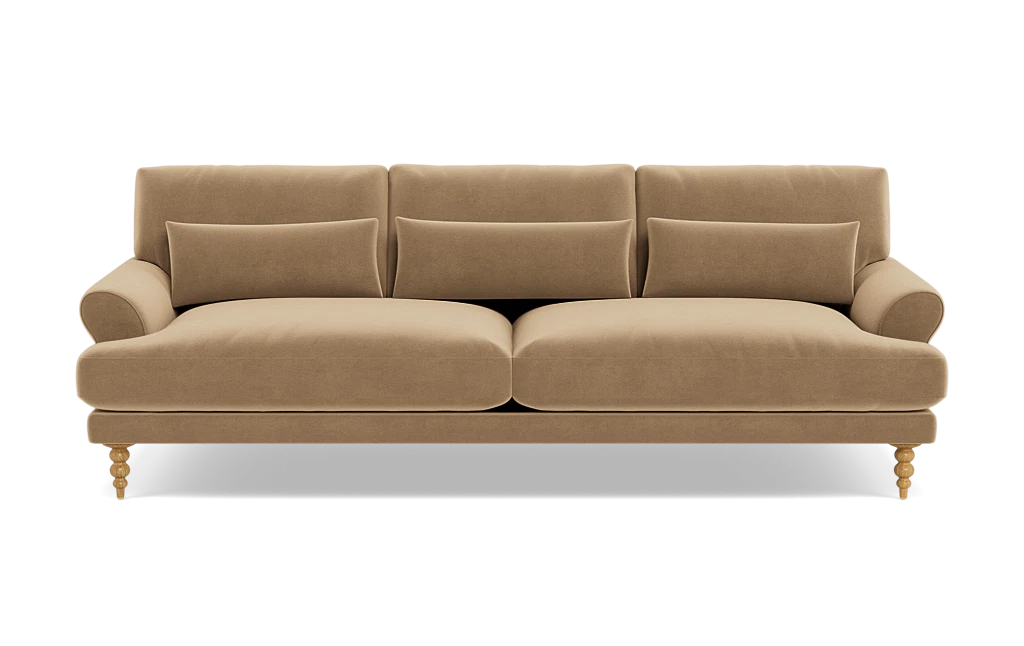 The Maxwell Custom Sofa is a classic and comfortable addition to any living room, featuring a beige color with three back cushions, two seat cushions, rounded armrests, and wooden legs.