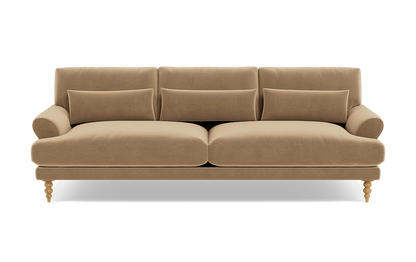 The Maxwell Custom Sofa is a classic and comfortable addition to any living room, featuring a beige color with three back cushions, two seat cushions, rounded armrests, and wooden legs.